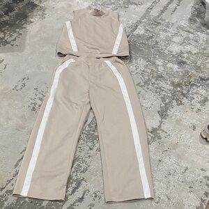 Beige Wide-Leg Track Pants with White Side Stripe